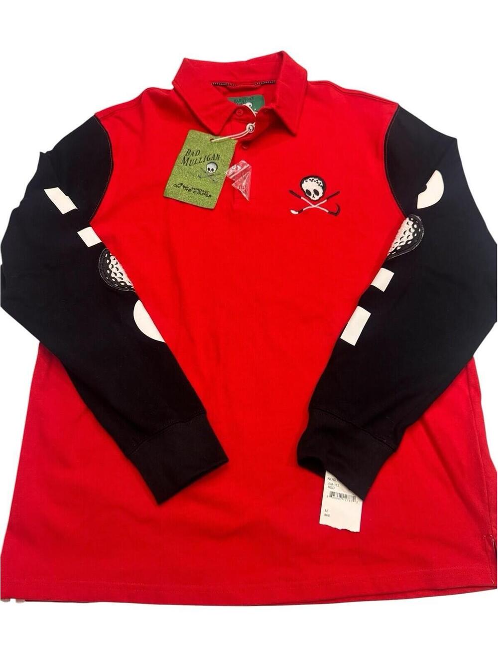 Bad Mulligan Men’s Red Black Long Sleeve Golf Polo Skull Shirt Size Medium NWT